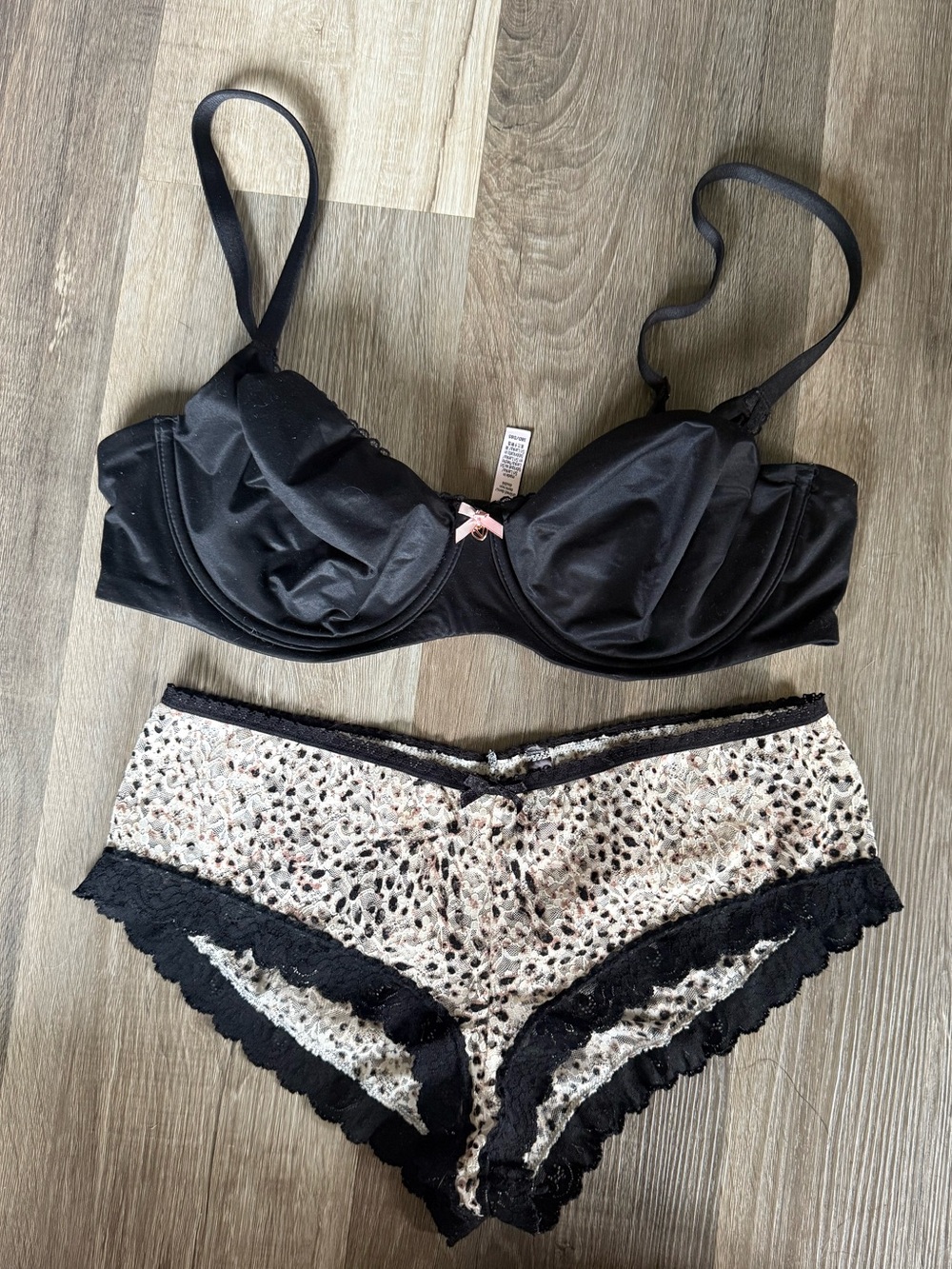 Body by Victoria black satin underwire bra with leopard- print lace hipster